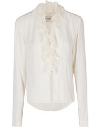 Alberta Ferretti - Ivory Georgette Lace Trimmed Ruffled V-Neck Viscose Blouse - Lyst