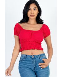 TRUEDAMES - Casual Ruched Puff Sleeve Ribbed Knit Solid Top - Lyst