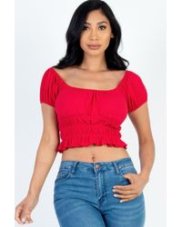 TRUEDAMES - Casual Ruched Puff Sleeve Ribbed Knit Solid Top - Lyst