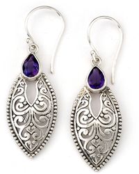 Samuel B Jewelry Sterling Silver Bali Design Marquise Shape Garnet Earrings - Metallic