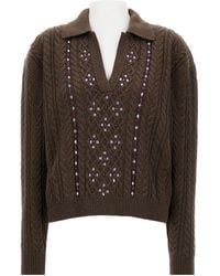 Des Phemmes - Embroidered Cable-Knit Sweater With Classic Collar And Ribbed Cuffs - Lyst