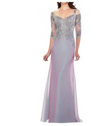 Montage by Mon Cheri - Metallic Lace Bodice Chiffon Gown 118974 Plum - Lyst