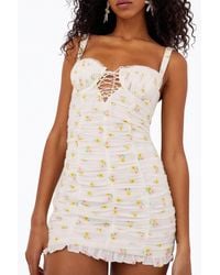 For Love & Lemons - Celia Shirred Floral-embroidered Lace-up Open-back Mini Dress - Lyst