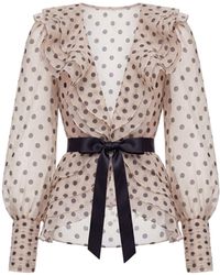 Saiid Kobeisy - Polka Dot Chiffon Blouse With Ruffled Neckline And Crystal Embellishments - Lyst