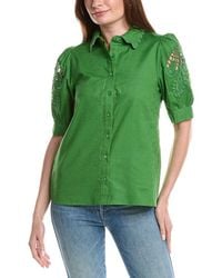 Tahari - Embroidered Sleeve Linen-Blend Blouse - Lyst
