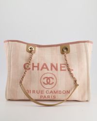 Chanel - Small Stripe Canvas Deauville Tote Bag With Logo Print And Champagne Gold Hardware - Lyst