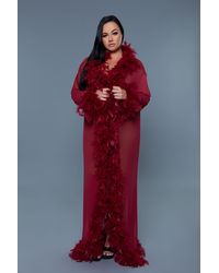 TRUEDAMES - Long Glamour Chiffon Robe With Feather Boa Trim - Lyst