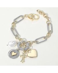 Fashnzfab - 14K Plated Two Tone Cz Stone Paved Heart Medallion Cross Pearl Charm Chunky Oval Chain Bracelet Two Tone - Lyst