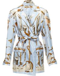 Hermès - Hermes 100% Silk Light Equestrian Boot Hat Print Belted Robe Jacket - Lyst