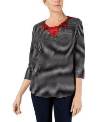 Karen Scott - Striped Embroidered Pullover Top - Lyst