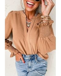 TRUEDAMES - Solid Color Shir Cuff Notch V Neck Blouse - Lyst