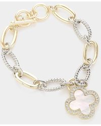 Fashnzfab - 14K Plated Cz Stone Embellished Mother Of Pearl Quatrefoil Charm Textured Metal Toggle Bracelet Mother Of Pearl, Two Tone - Lyst
