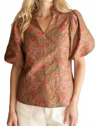 Voya - Ruffle Collared Jacquard Abstract Print Blouse - Lyst