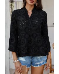 TRUEDAMES - Solid Half Button Flounce Sleeve Peplum Blouse - Lyst