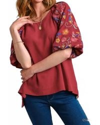 Umgee - Embroidery Balloon Sleeve Linen Blend Top - Lyst