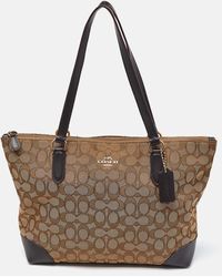 COACH - /brown Signature Jacquard And Leather Zip Tote - Lyst