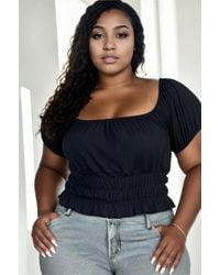 TRUEDAMES - Plus Size Casual Ruched Puff Sleeve Ribbed Knit Solid Top - Lyst