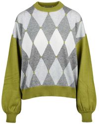 Ballantyne - Crewneck Sweater With Bold Argyle Pattern And Puff Sleeves - Lyst