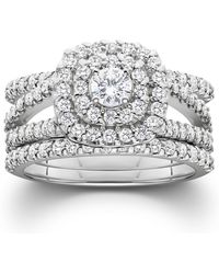 Pompeii3 - 1 1/4 Ct Three Ring Diamond Cushion Halo Engagement Wedding Band Set White Gold - Lyst