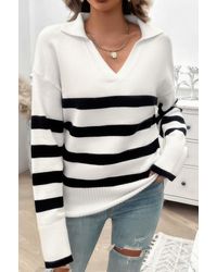 TRUEDAMES - V Neck Drop Shoulder Strip Knit Loose Sweater - Lyst
