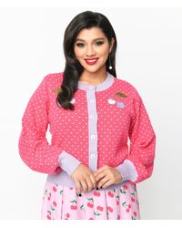 Unique Vintage - Hot Pink & Lavender Pin Dot Cherry Cropped Cardigan - Lyst