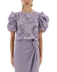 ROTATE BIRGER CHRISTENSEN - 3D Floral Mesh Top With Voluminous Puff Sleeves - Lyst