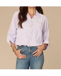 Democracy - Tucked Sleeve Smocked Button Down Bubble Hem Splice Stripe Woven Shirt - Lyst