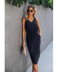 TRUEDAMES - Fashnzfab Solid V Neck Drawstring Waist Curved Hem Dress - Lyst