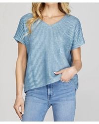 She + Sky - Short Sleeve V-Neck Metallic Coated Sweater Top With Front Pocket - Lyst