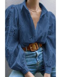 TRUEDAMES - Hollow Out Solid Button Puff Sleeves Blouse - Lyst