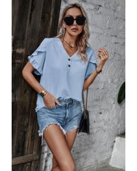 TRUEDAMES - Solid Button V Neck Ruffle Sleeves Blouse - Lyst