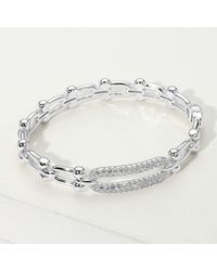 Fashnzfab - Cz Stone Paved Oval Pointed Hardware Hinged Bangle Bracelet Rhodium - Lyst