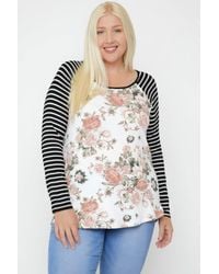 TRUEDAMES - Floral Top Featuring Raglan Style Striped Sleeves And A Round Neck - Lyst