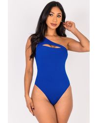 TRUEDAMES - Ribbed Knit Cut Out One Shoulder Bodysuit - Lyst