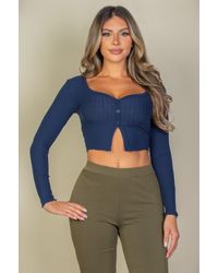 TRUEDAMES - Ribbed Button Front Split Long Sleeve Top - Lyst