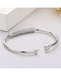 Fashnzfab - T- Initial Monogram Brass Metal Round Stone Tip Cuff Bracelet Rhodium - Lyst