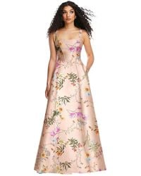 Alfred Sung - Boned Corset Closed-back Floral Satin Gown With Full Skirt - Lyst