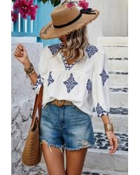 TRUEDAMES - Printed T Shirt V Neck Loose Puff Sleeves Shirts - Lyst