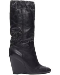 Chanel - Cc Logo Bead Embellishment Leather Wedge Heeled Boots - Lyst