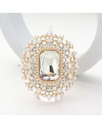 Fashnzfab - Rectangle Glass Stone Centered Pearl Rhinestone Embellished Stretch Ring - Lyst