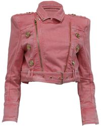 Balmain - Belted Cropped Denim Jacket - Lyst