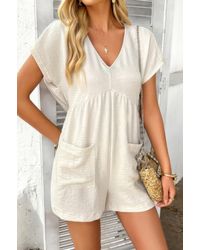 TRUEDAMES - Solid Deep V Neck Drop Shoulder Loose Pockets Romper - Lyst