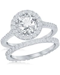 Simona - Sterling French Set Round Halo Eternity Band And Cz Engagement Ring Set - Lyst