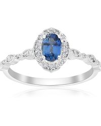 Pompeii3 - 3/4ct Oval Blue Sapphire Diamond Halo Vintage Engagement Ring - Lyst