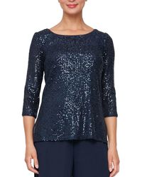 Alex Evenings - Sequin 3/4 Sleeve Blouse With Side Slit Detail - Lyst