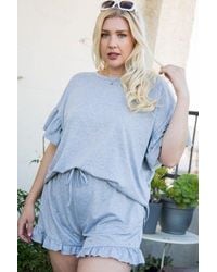 TRUEDAMES - Round Neck Ruffle Sleeve Side Slit French Terry Top - Lyst