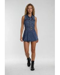 Forever 21 - Sleeveless Belted Pleated Denim Mini Dress - Lyst