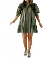 Karlie - Solid Button Puff Sleeve Ruffle Dress - Lyst