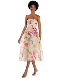 Alfred Sung - Strapless Pink Floral Organdy Midi Dress - Lyst