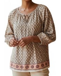 Mystree - Boho Embroidered Border Gathered Sleeves Tunic Top - Lyst